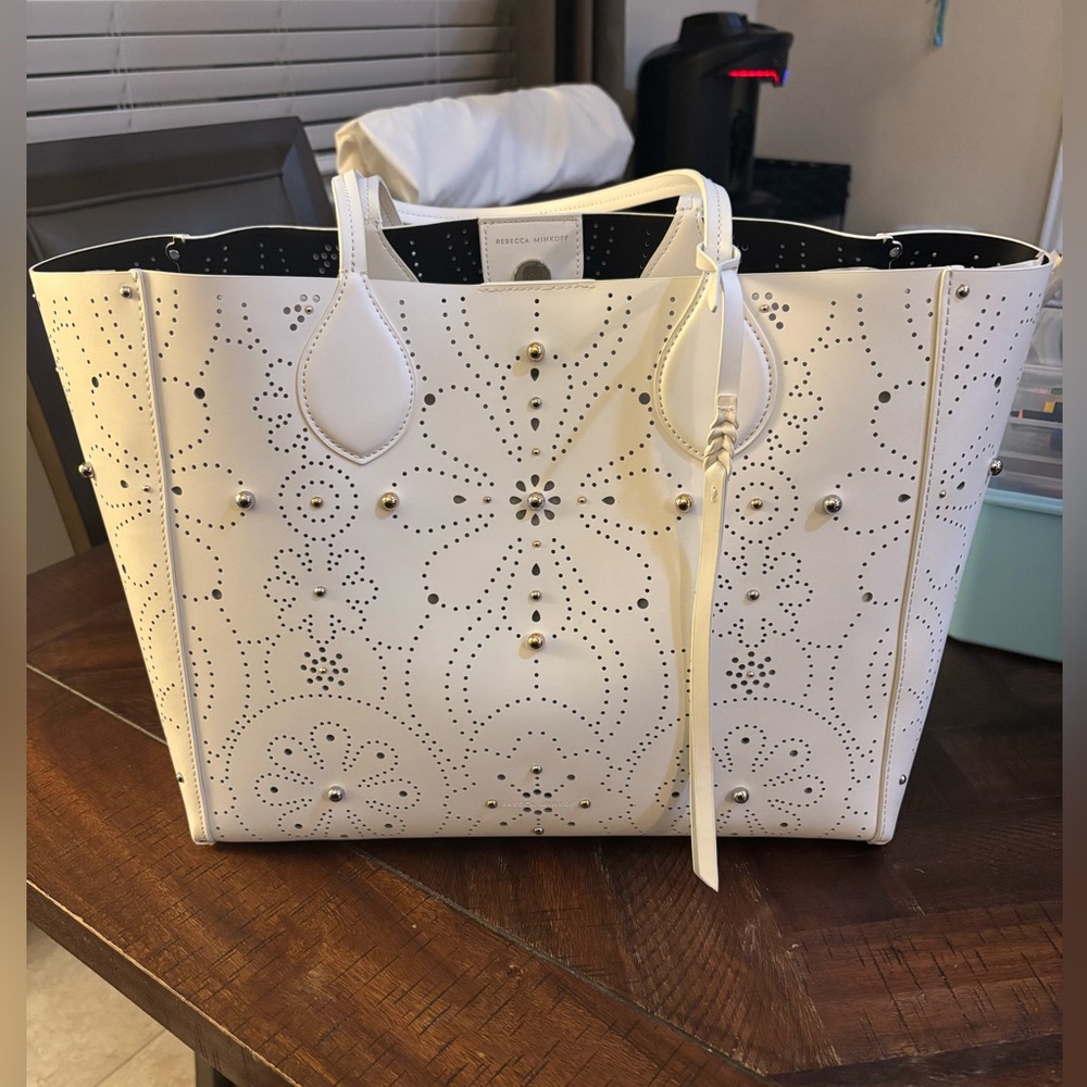 Rebecca Minkoff White Perforated studded Tote Bag NWT